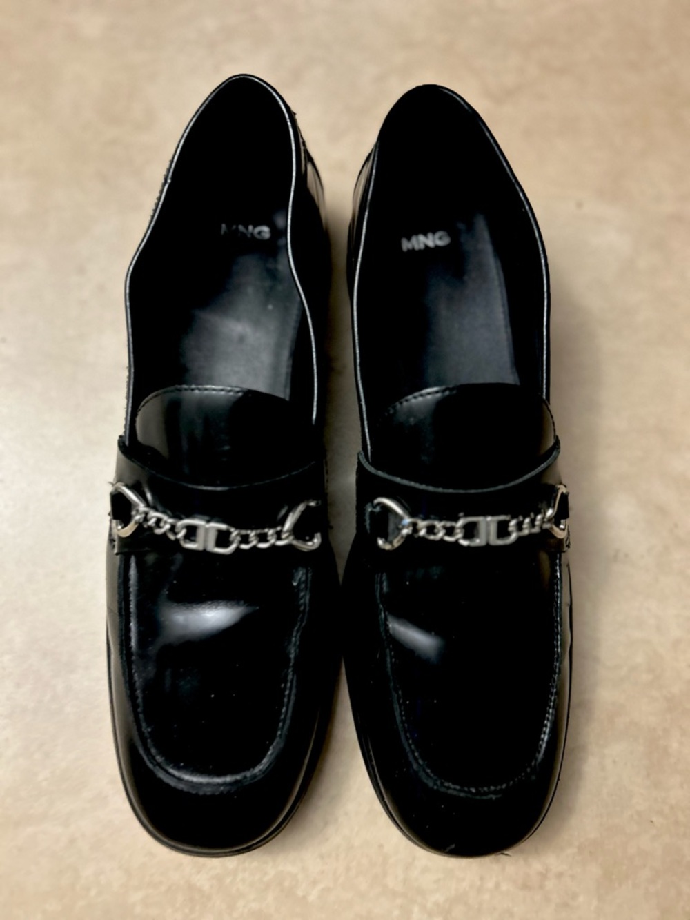 Mango Black Leather Loafers with Silver Chain Detail